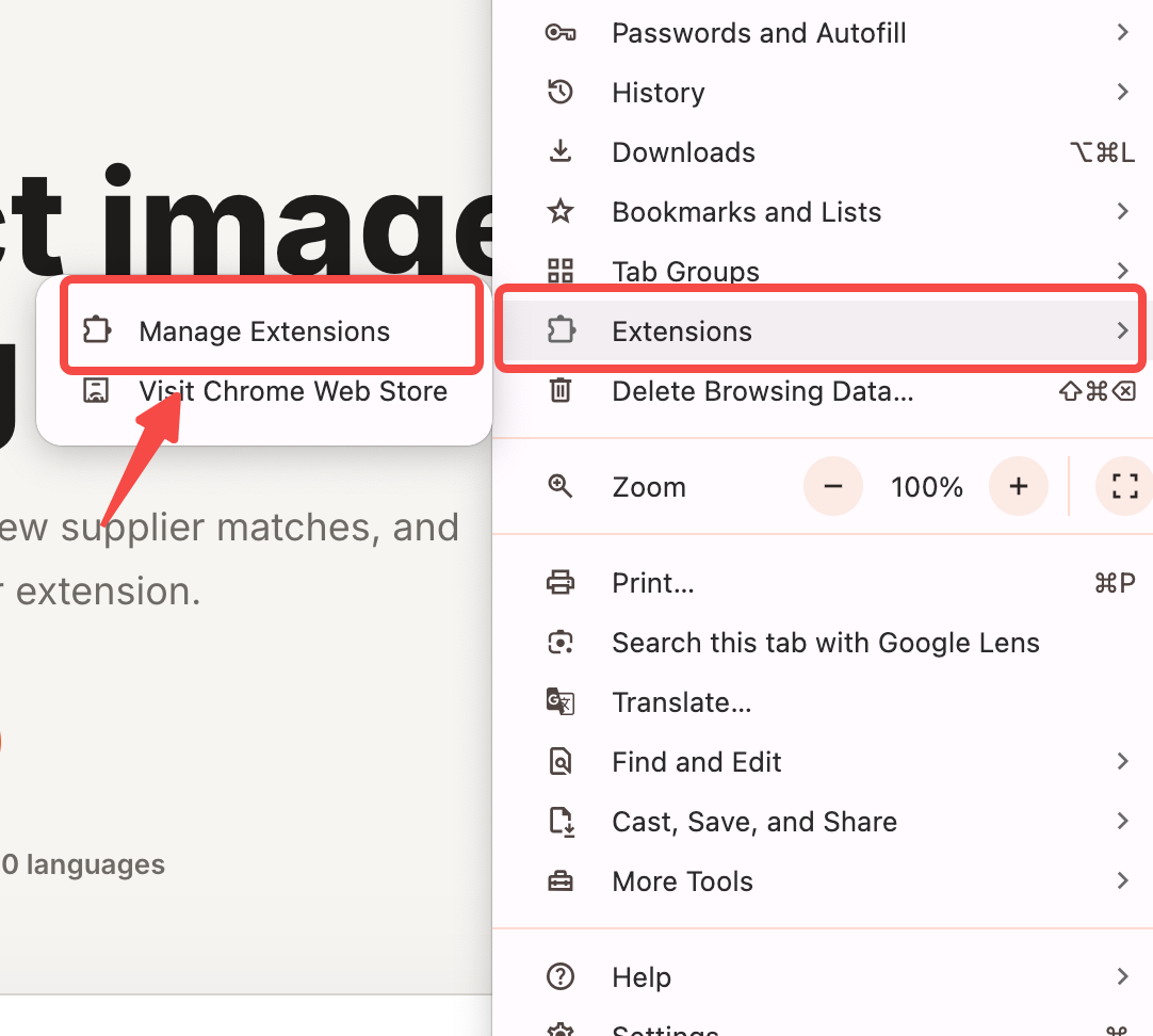 Opening Chrome manage extensions page from the browser menu