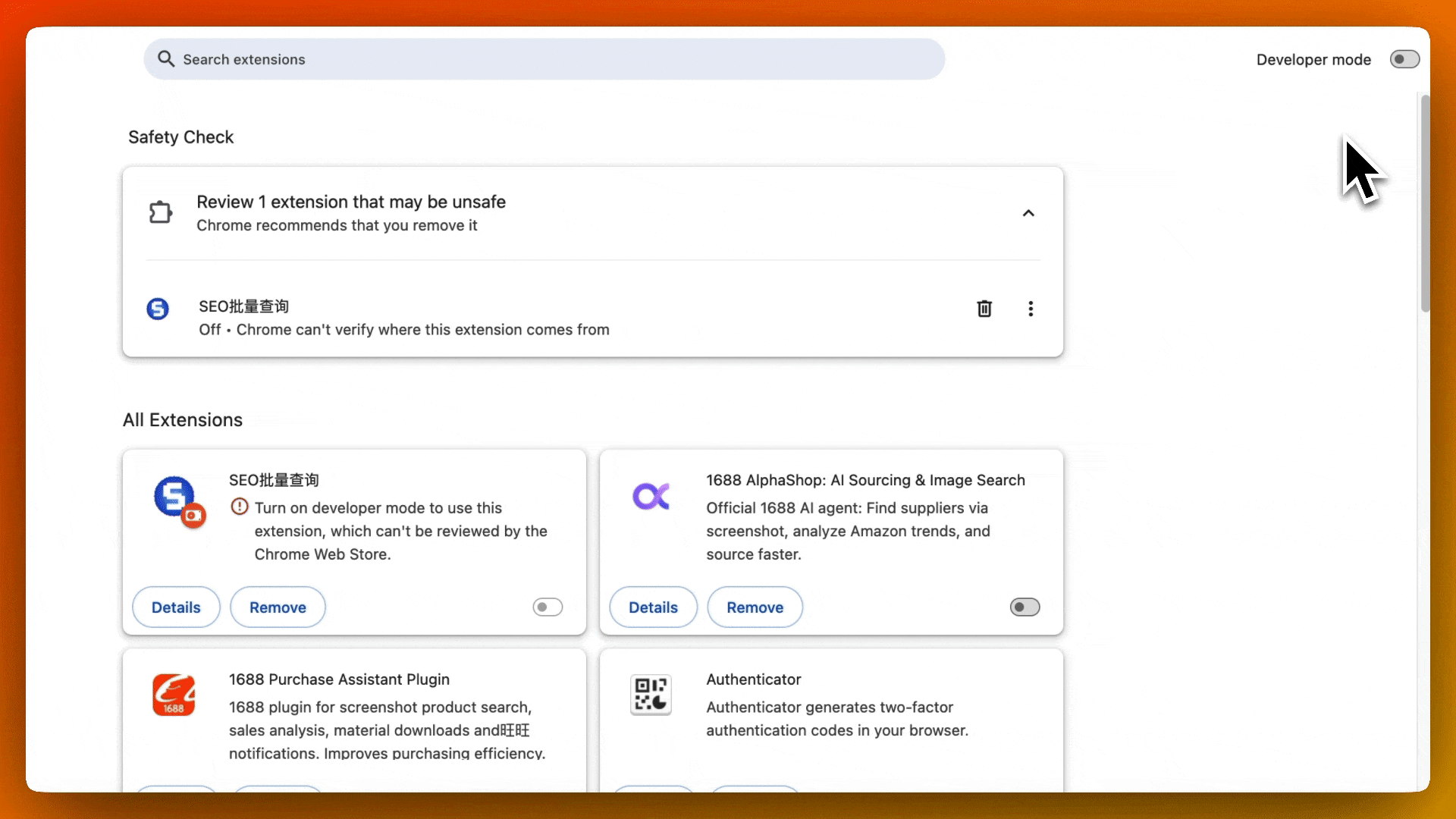 Turning on developer mode in Chrome extensions page