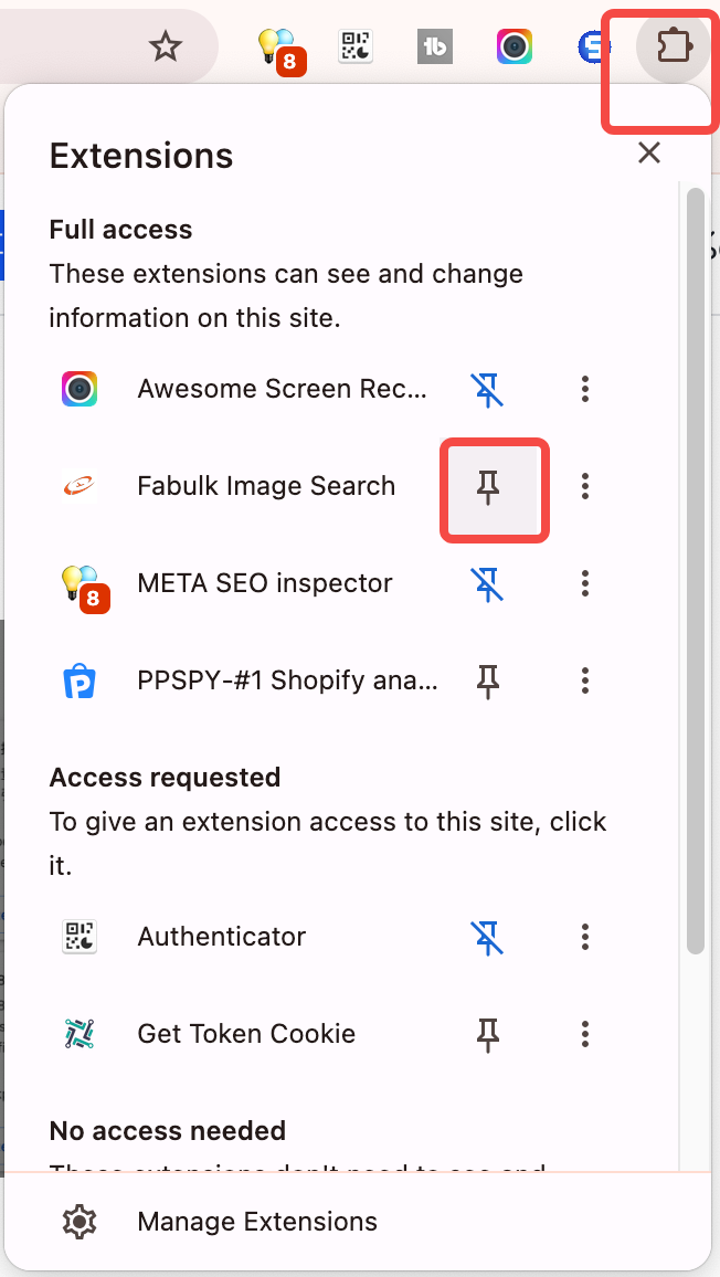 Pinning the fabulk extension to the Chrome toolbar