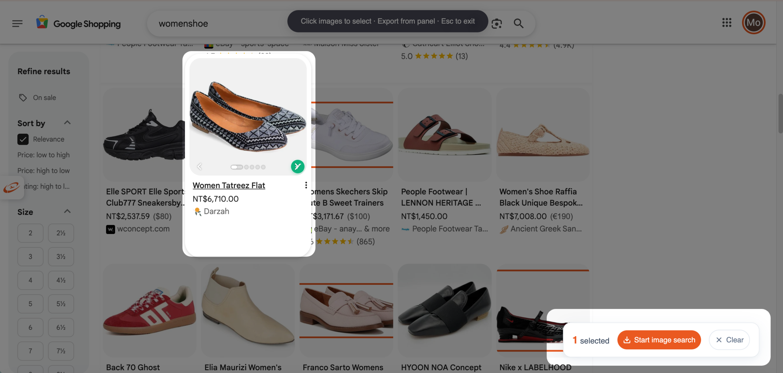 Selecting multiple products across different shopping site pages for fabulk image search